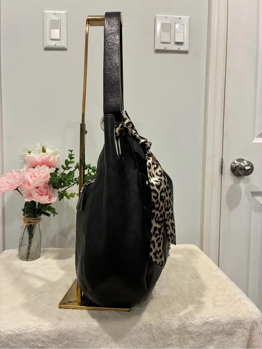 MAXX New York Black Leather Studded Hobo Bag Leopard Scarf Rocker Y2K